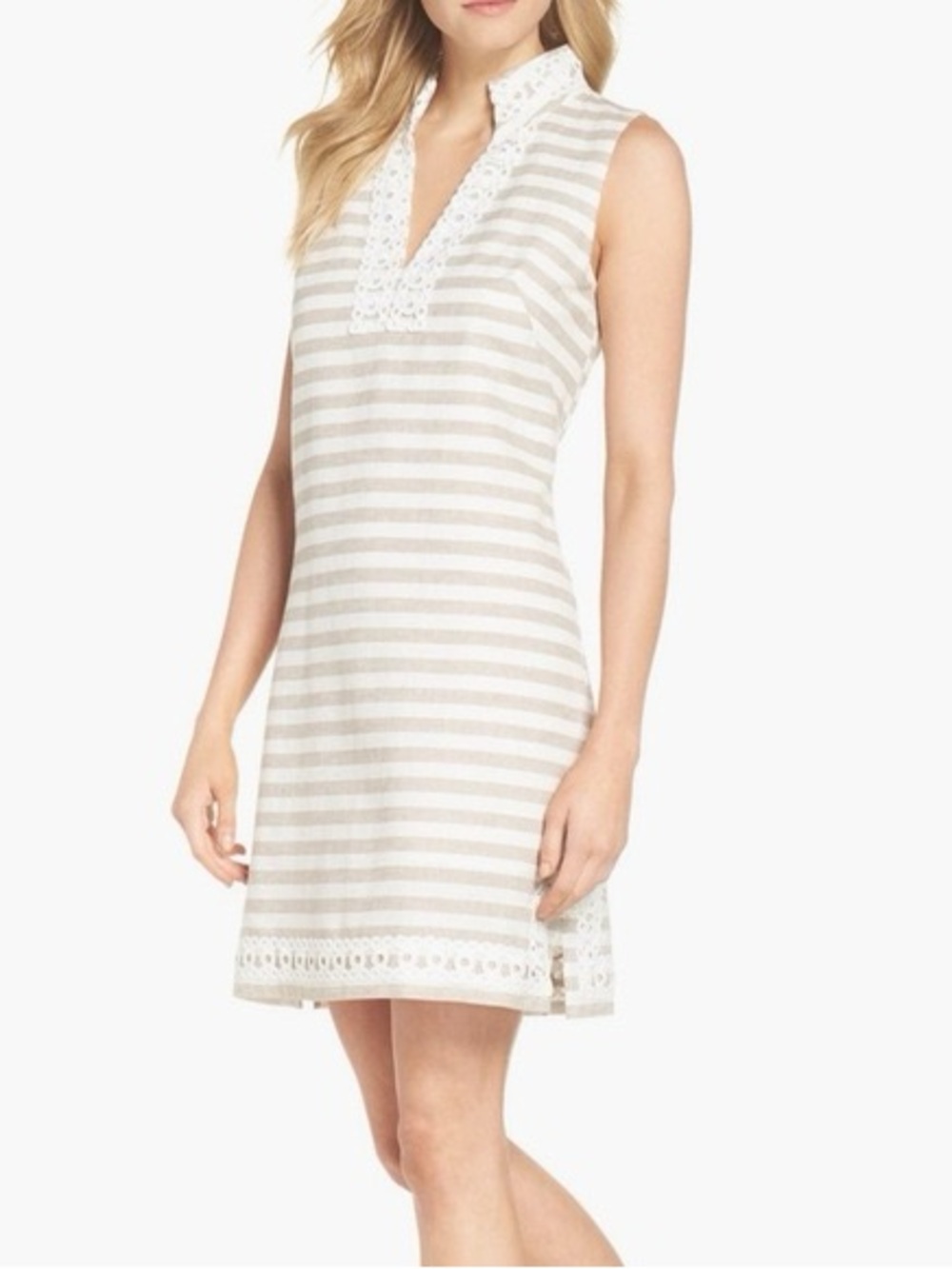 Eliza J Beige & White Sleeveless Striped Linen Blend Lace Shift Dress
